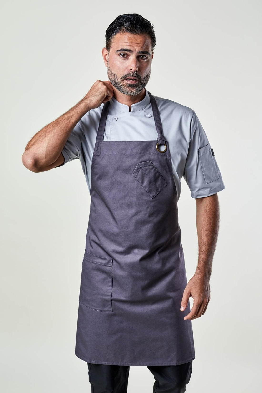 Image of person wearing Belfast Apron in Grey Twill. | BlueCut Aprons