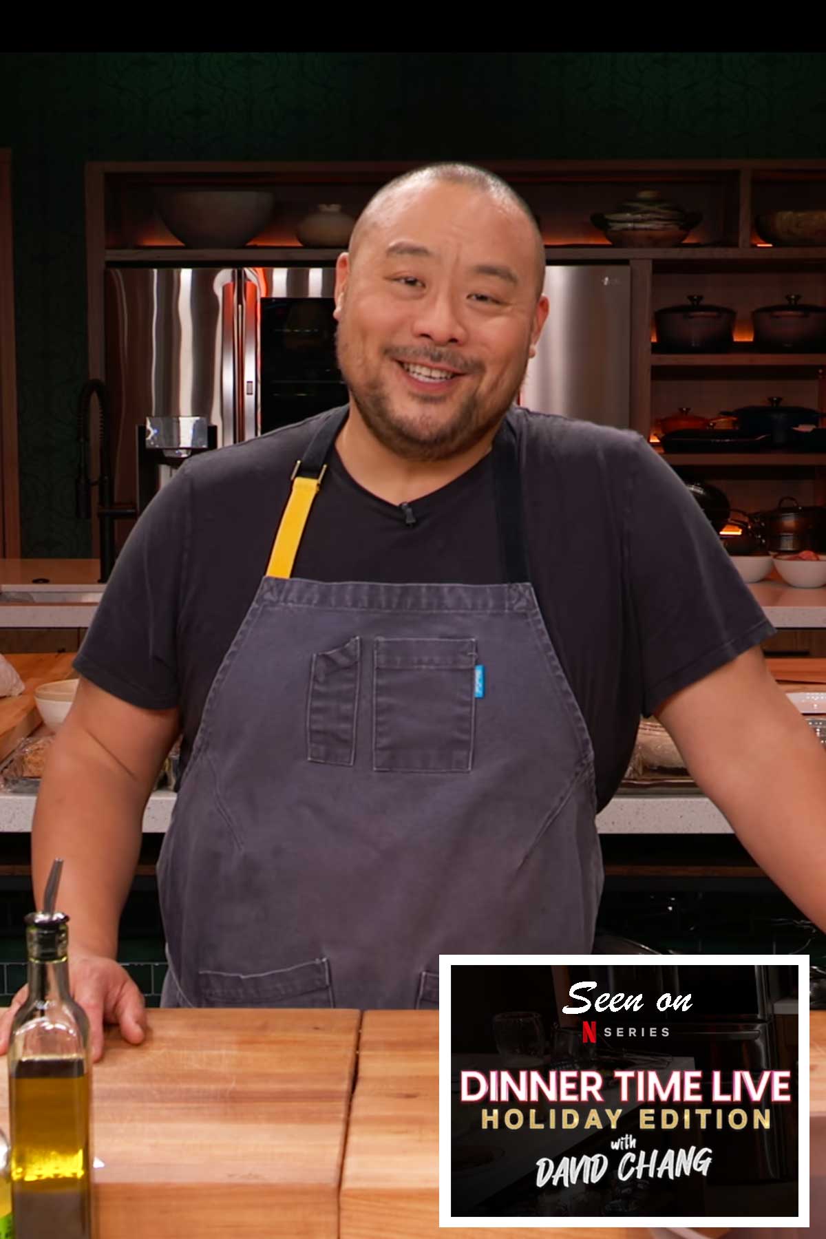 Chef David Chang wearing the El Jefe apron in Charcoal by BlueCut.
