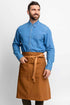 Man wearing a blue shirt and brown bistro apron on a white background