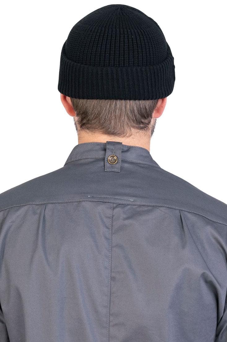 Back view of a man wearing black beanie.