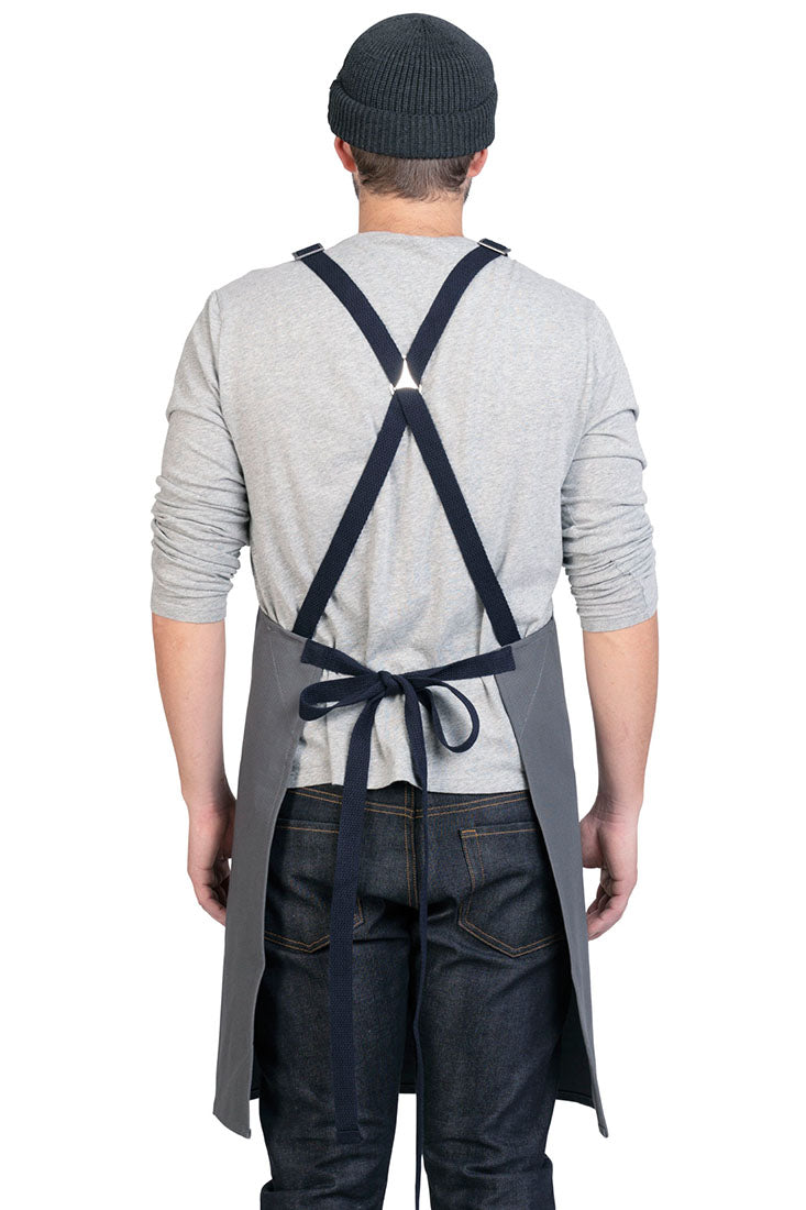 Back view image of person wearing Hatfield Crossback Apron in Grey Canvas. | BlueCut Aprons
