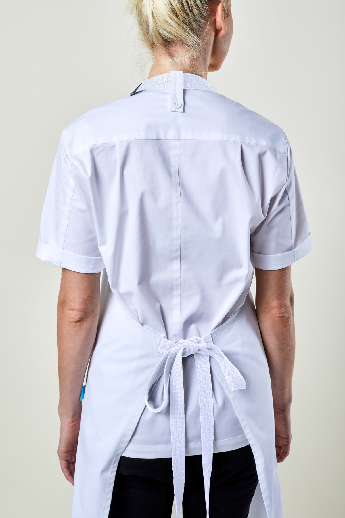 Back view image of person wearing Mise Apron in White Twill. | BlueCut Aprons