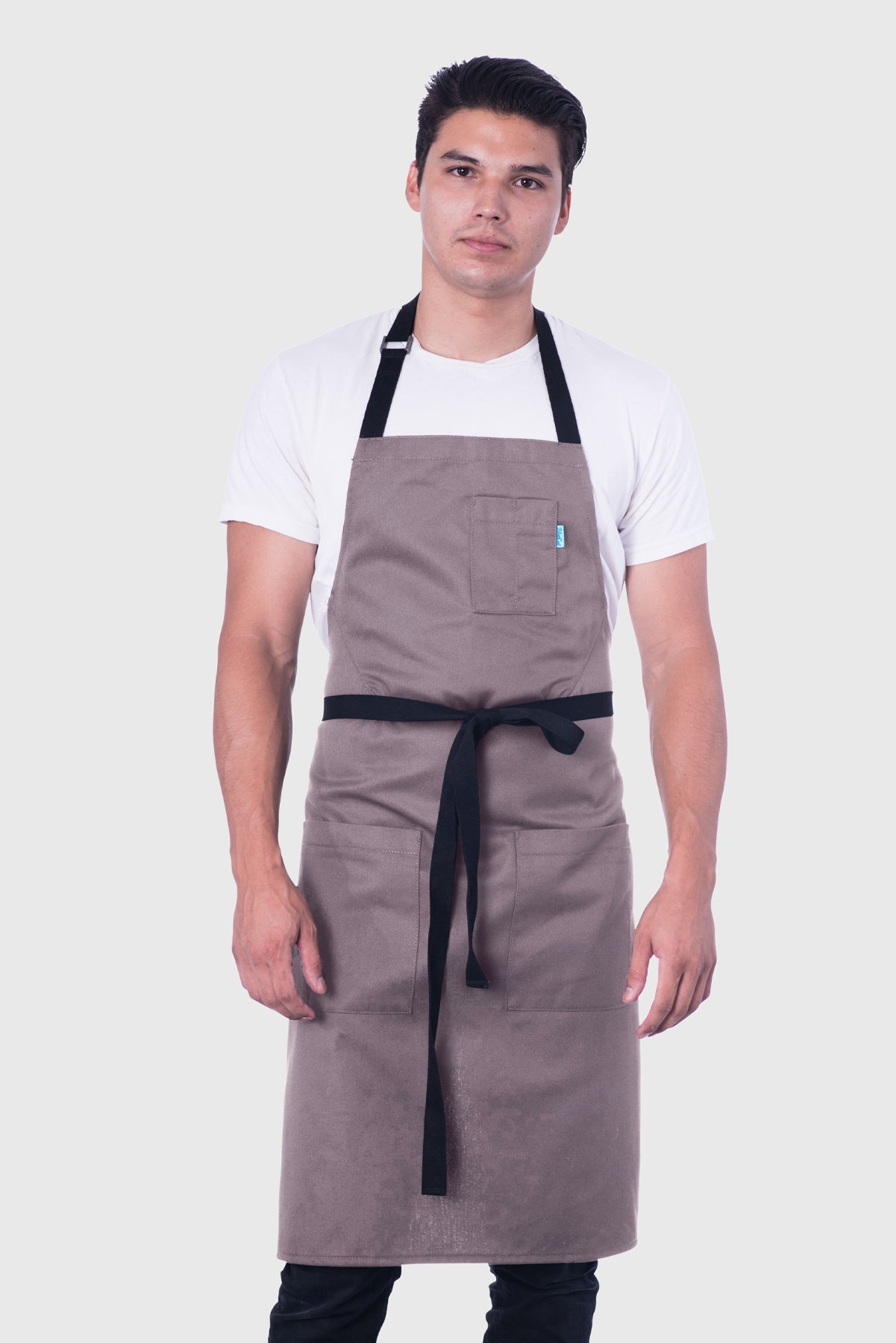Image of person wearing Line Apron in Grey Poly Cotton Twill. | BlueCut Aprons