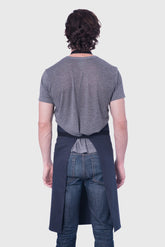 Back view image of person wearing Line Apron in Navy Poly Cotton Twill. | BlueCut Aprons