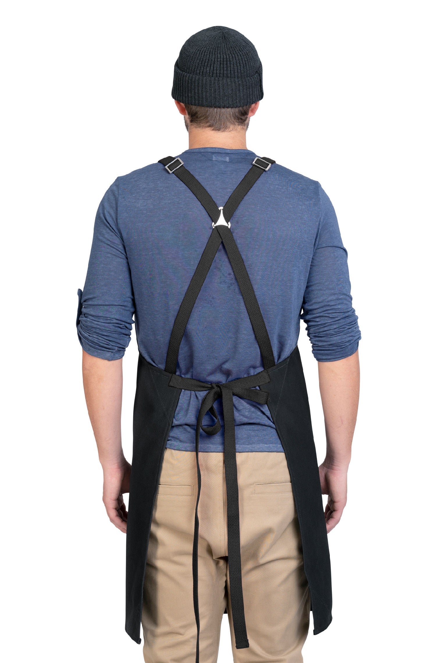 Back view image of person wearing Lucca Crossback Apron in Black Canvas. | BlueCut Aprons
