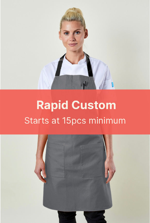 Image of person wearing Rapid Custom Bib Apron in Canvas. | BlueCut Aprons