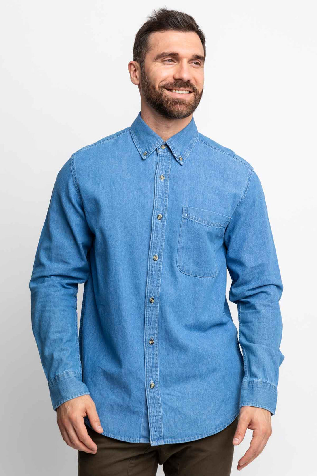 Men wearing long-sleeve denim button-down shirts.
