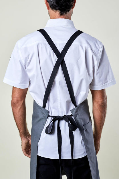 Back view image of person wearing Dover Cross Back Apron in Grey Canvas. | BlueCut Aprons