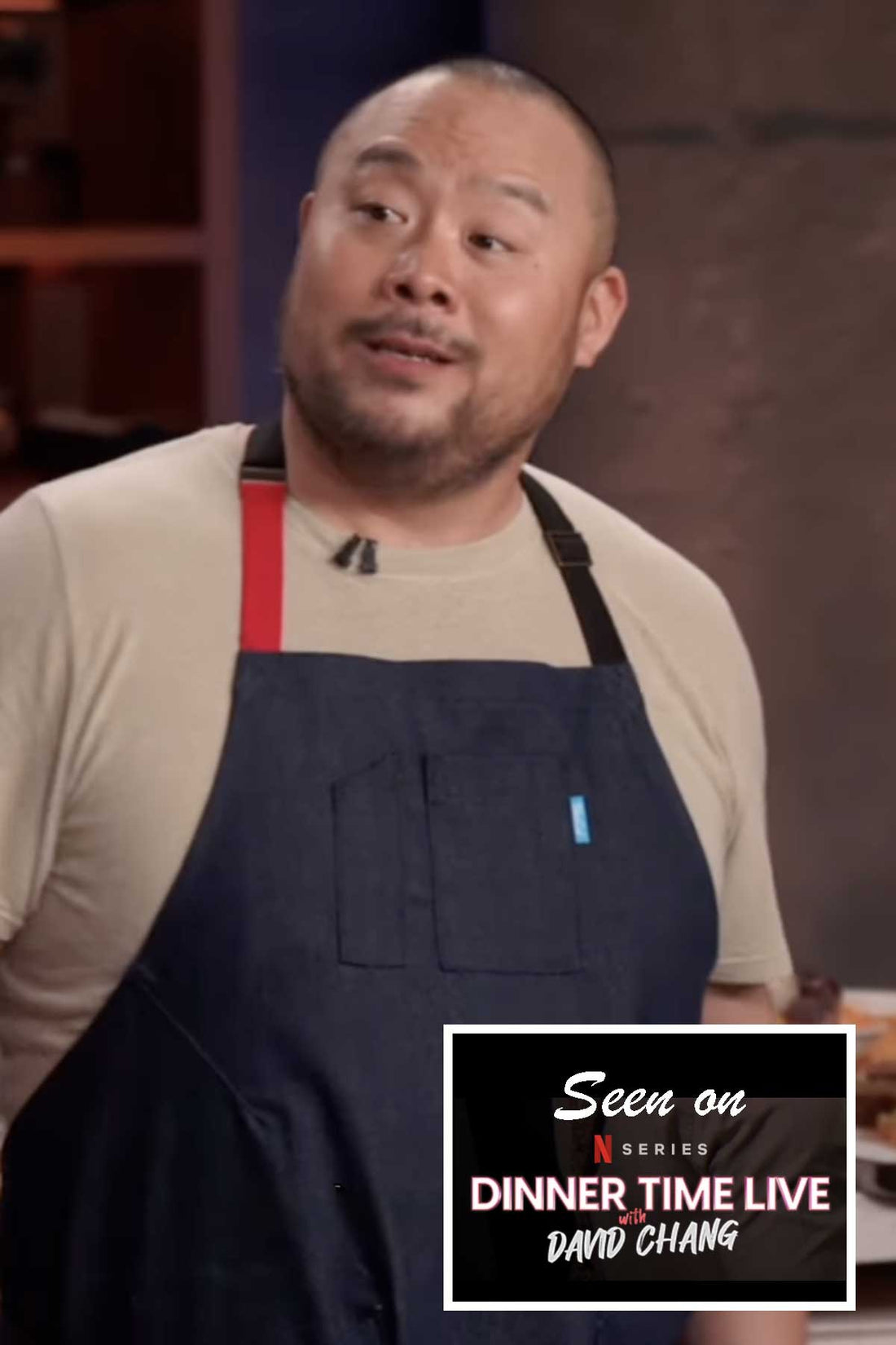 Chef David Chang wearing a denim apron at Dinner Time Live
