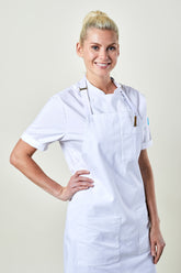 Image of person wearing Mise Apron in White Twill. | BlueCut Aprons				