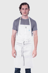 Image of person wearing Line Apron in White Cotton Twill. | BlueCut Aprons