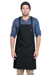 Image of person wearing Lucca Crossback Apron in Black Canvas. | BlueCut Aprons				