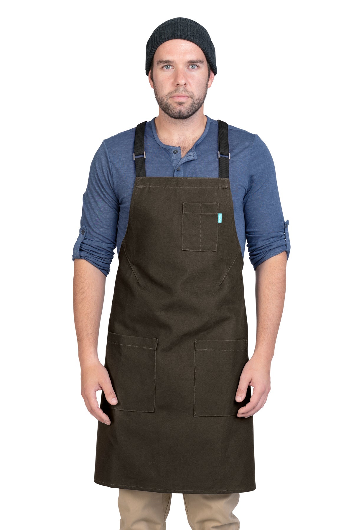Image of person wearing Lucca Crossback Apron in Dark Brown Canvas. | BlueCut Aprons				