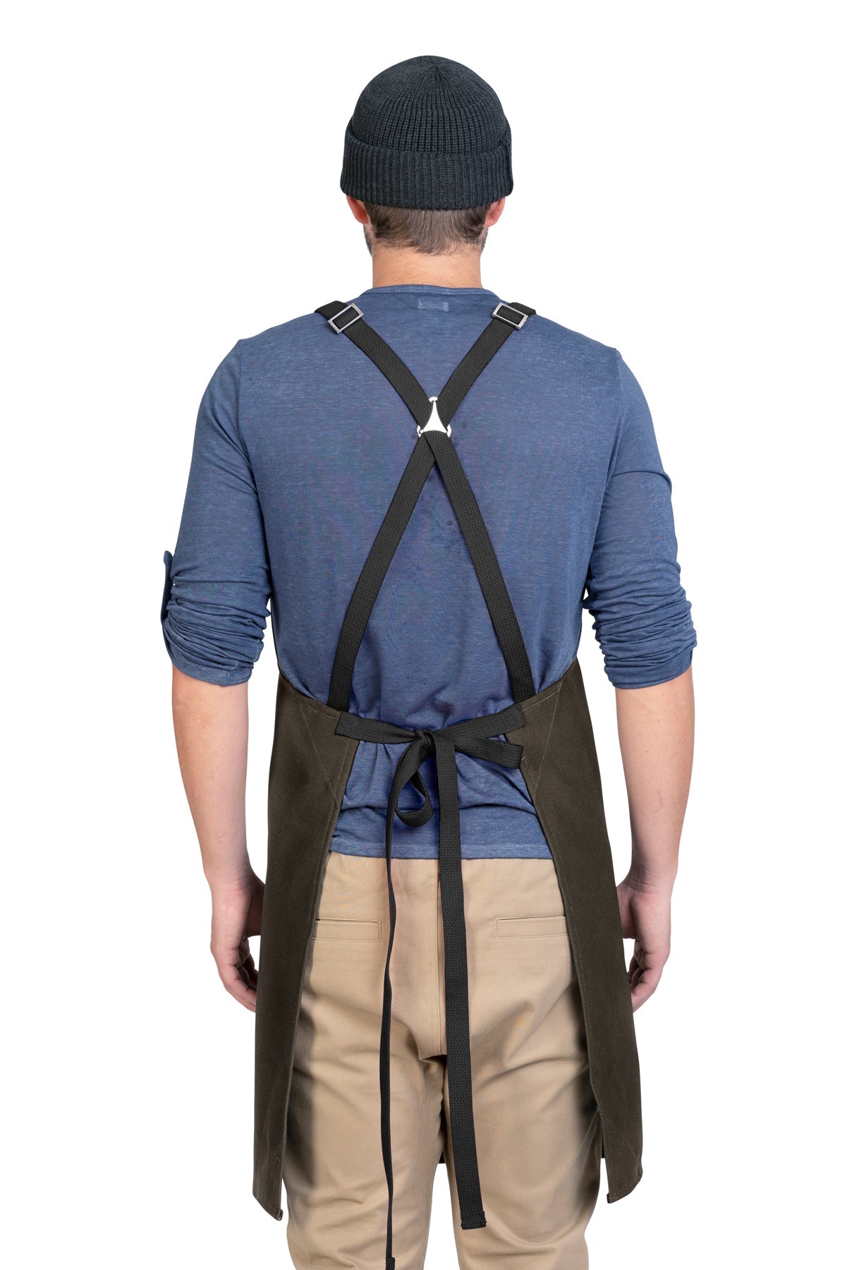 Back view image of person wearing Lucca Crossback Apron in Dark Brown Canvas. | BlueCut Aprons				