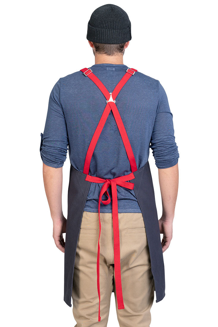 Back view image of person wearing Lucca Crossback Apron in Charcoal Canvas. | BlueCut Aprons				