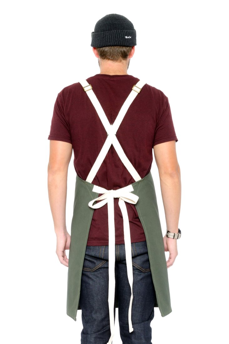 Back view image of person wearing Lucca Crossback Apron in Olive Canvas. | BlueCut Aprons				